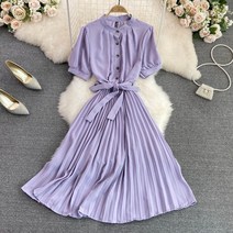 연보라원피스 반팔 레트로 하객룩 바스락 개화기 A라인 주름 드레스
