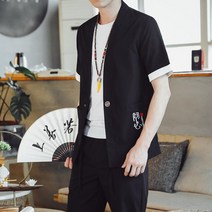 남자 여름 면마 포켓 복고 퓨전 개량 생활 반팔 한복 바지 세트 투피스