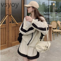 vsyoy 모리 스타일 신선한 캐주얼 운동복 여성 여름 폭발적인 컬러 블록 선 스크린 재킷 와이드 레그 반바지 투피스 세트