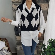 상상그이상 여성용 다이아조끼 부드러운 필수 블라우스 코디세트 오픈형 니트조끼 컬러배색 따뜻한 간절기템 부드러운 레이온소재 레이어드하기 좋은 아가일 베스트