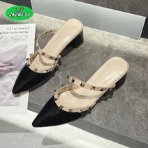 SHENGBO여성통굽구두 락스터드 찡 스트랩 여성여름구두 여름샌들힐 미들굽 통굽 편한 말랑 사뿐 뮬 슬리퍼구두