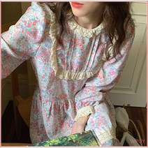 WPUY 봄철 전원풍 라운드넥 패치 레이스 크로 셰 뜨개질 퍼프 소매 스크린 플라워 원피스 롱스커트 여자