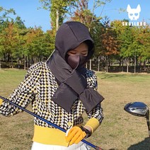 (2종세트) 후드넥워머+패딩목도리 남녀공용 겨울 골프 방한 머플러 후드워머 등산 캠핑, 워머 블랙+목도리 블랙