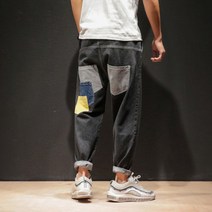 남성 배기핏 청 데님팬츠 남성 바지 땡땡이 일계 복고 9부 바지 라지 와이드 학생 워싱 청바지 멋스런 일자