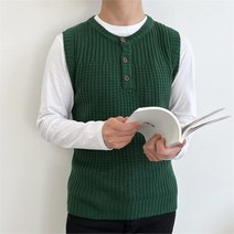 남자 와플 라운드넥 직장인 슬림핏 봄니트 조끼 9436934