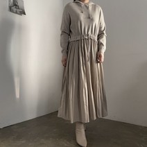 [비비애르] 울 후드 스트링 주름 니트 레이어드 롱 원피스 세련된 캐주얼니트 스판좋은 데일리 하객룩