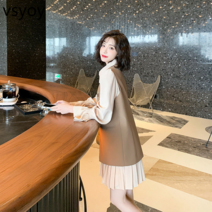 vsyoy 조끼 여성 조커 외부 착용 주름 치마 투피스 여성 봄 새로운 유행 이른 가을 빛 익은 바람 드레스
