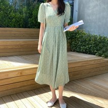 밀즈 플라워 롱원피스(브이넥 핀턱 퍼프숄더)