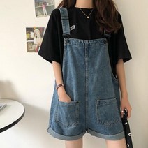 [더유니버스] 예쁘고 트렌디한 데님멜빵반바지 중청 와이드핏 귀염 코디 여사친룩