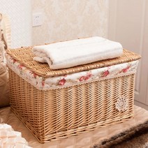 뚜껑있는 라탄바구니 라탄정리함 수납바구니 로퍼스, 대형, 우드 컬러 린넨