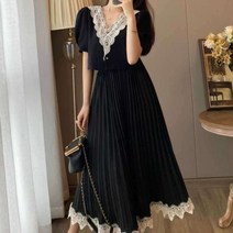 결혼식 하객 룩 투피스 세트 여성 여름 레이스 반팔 5월 햅번 스타일 블랙 하이 웨이스트