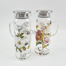내열유리물병 1.4L 목련 대장미 냉장고 물병 쥬스병 손잡이 레트로 예쁜 꽃무늬 물통, 2. 대장미