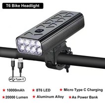 로드 MTB 야간 라이딩 자전거 라이트 T6 LED 20000 루멘 10000mAh 자전거 라이트 전면 충전식 램프 자전거 랜턴 보조베터리 사이클링 손전등 MTB 액세서리, 1개