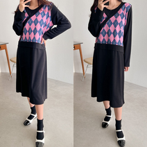 허밍퍼플 여성용 3693-에논 롱 원피스 빅사이즈 아가일 포인트 따뜻한 기모 오버 사이즈 예쁜 롱 치마 겨울 여성의류