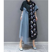 포텐샤 특이한 레이스 언발란스 빅사이즈 롱 셔츠 반팔 자수 플라워 루즈핏 스커트 원피스