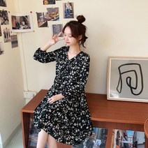 예쁜 플라워 패턴 브이넥 셔링 허리밴딩 여성 원피스