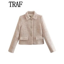 [듀엘트위드자켓] 신제품 TRAF Houndstooth 숏 블초정밀 여성 사무실 트위드 긴 소매 자른 2022 체크 자켓 가을 겨울 겉옷