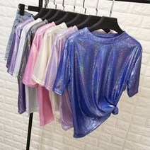 스팽글 블라우스 레이스 파티 댄스복여름 복고풍 스타일 세련된 밝은 실크 여성 탑스 반팔