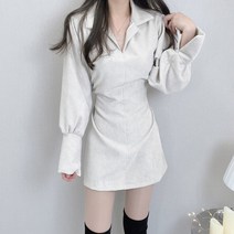 오픈 카라 허리스트링 리본 코듀로이 셔츠 원피스