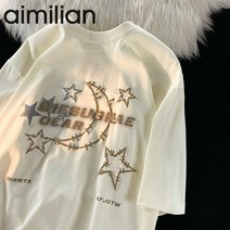 Aimilian100 면 일본 스타일 재미있는 문 스타 프린트 반팔 티셔츠 여성용 여름 세련된 홍콩 스타일 Ins