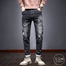 도오빠 남성 청바지 데님 팬츠 일자 슬림핏 블랙진 프린팅 바지 워싱 스판 긴바지 남자청바지 남자바지 28~38size