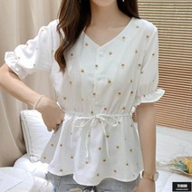 가바바 여성 빅사이즈 블라우스 잔꽃패턴 브이넥 허리끈 러블리 여름 블라우스 G62120