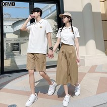 DFMEI 여름 남녀 반팔 치마 세트 커플룩 반팔 캐주얼 티셔츠