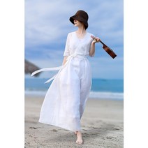모시 린넨 복고풍 플레어 5부소매 롱 원피스