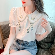 여성블라우스 반팔 초가을 꽃무늬 레이스 쉬폰 셔츠 아라1