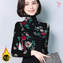[77우먼스] 여성 상의 플라워 버들 목폴라 기모 티셔츠 기모티셔츠 겨울용 꽃버들 기모