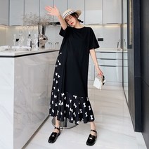 배색 나비무늬 쉬폰밑단 빅사이즈 반팔 롱원피스