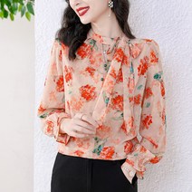프렌치 빈티지 차이나 넥타이 징구슬 프린트 풀오버 긴팔 블라우스 여 가을 얇은 상의