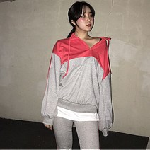 [ 걸스힙 ][ 마지막 ][ SET ] 국내제작 하이넥 반집업 맨투맨 배색 유니크 레이어드 박시한 아노락 라인 트레이닝 세트