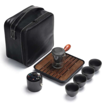 주전자 티팟 다판 다기 화사다도세트 찻잔 고급 차판, 도자기 블랙+블랙 나무 트레이 세트+가방