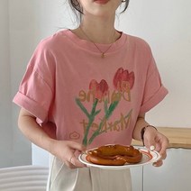 봄원피스 시크한 한국 스타일 캐주얼 라운드 넥 플라워 레터 프린트 티셔츠 여성용 루즈 올 매치 반팔