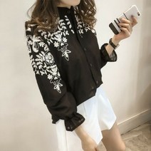 여성 여성 플레어 긴 소매 sweet white fairy 우아한 office 레이디 자수 블라우스 셔츠 korean flower tops fresh shirt
