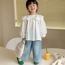 꼬꼬몽 프릴화이트 유아동 여아 긴팔 블라우스 흰색 셔츠