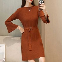 여성 나팔 소매 슬림 벨트 뒤트임 니트 원피스