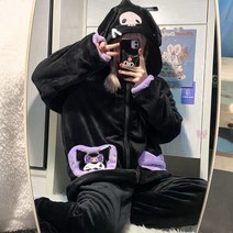 산리오 상하복 Sanrio Kuromi 홈 의류 Y2k 플러시 잠옷 2 피스 세트 여성 후드 탑스 소프트 팬츠 카와이 블랙 코랄 플리스 슈트