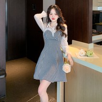 Maidefei 봄철 배색 하운드 체크 플레어 여성 긴팔 원피스