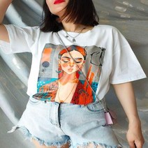 링거티 크롭티 루즈핏티셔츠 민소매티 100% 코튼 오버사이즈 만화 프린트 심플한 반팔 기본 소프트 여름 2023 Y2K패션