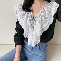 셀러허브 패션 프릴 빅 카라넥 진주 코튼 레이스 셔링 러플 블라우스