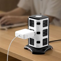 수직멀티탭 타워형멀티탭 수직콘센트 220V 110V 12구, 상세이페이지 참고, 1.8미터의 조명이있는 3층 흑백 이중 USB