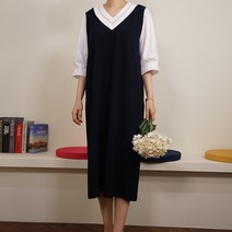 빅걸스토리 배색 브이넥 레이어드 롱원피스