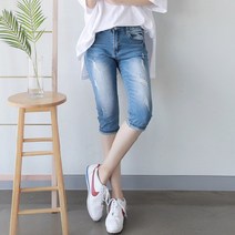 원타임 여성용 빅사이즈 빈티지 워싱 7부 데님팬츠