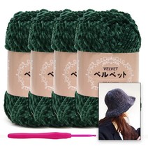 [니뜨] 벨벳 뜨개실(100g)x4볼 모사용코바늘 6/0호 H벨벳버킷햇도안, 712_딥그린