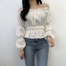 VANANA2 국내생산 여성 청순 페미닌 레이스 프릴 오프숄더 스모크 셔링 블라우스