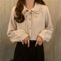 카키셔츠 스트랩 인형 넥셔츠 여성 디자인감각 보이핏 볼륨 와이셔츠 봄 타입 신 스타일리쉬 긴소매 상의 2312553248