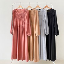 라운드넥 가슴주름 셔링 퍼프소매 롱원피스