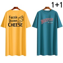 엠제이스타 1+1 셋트 여성용 롱티 프린팅 레터링 반팔 티셔츠 빅사이즈